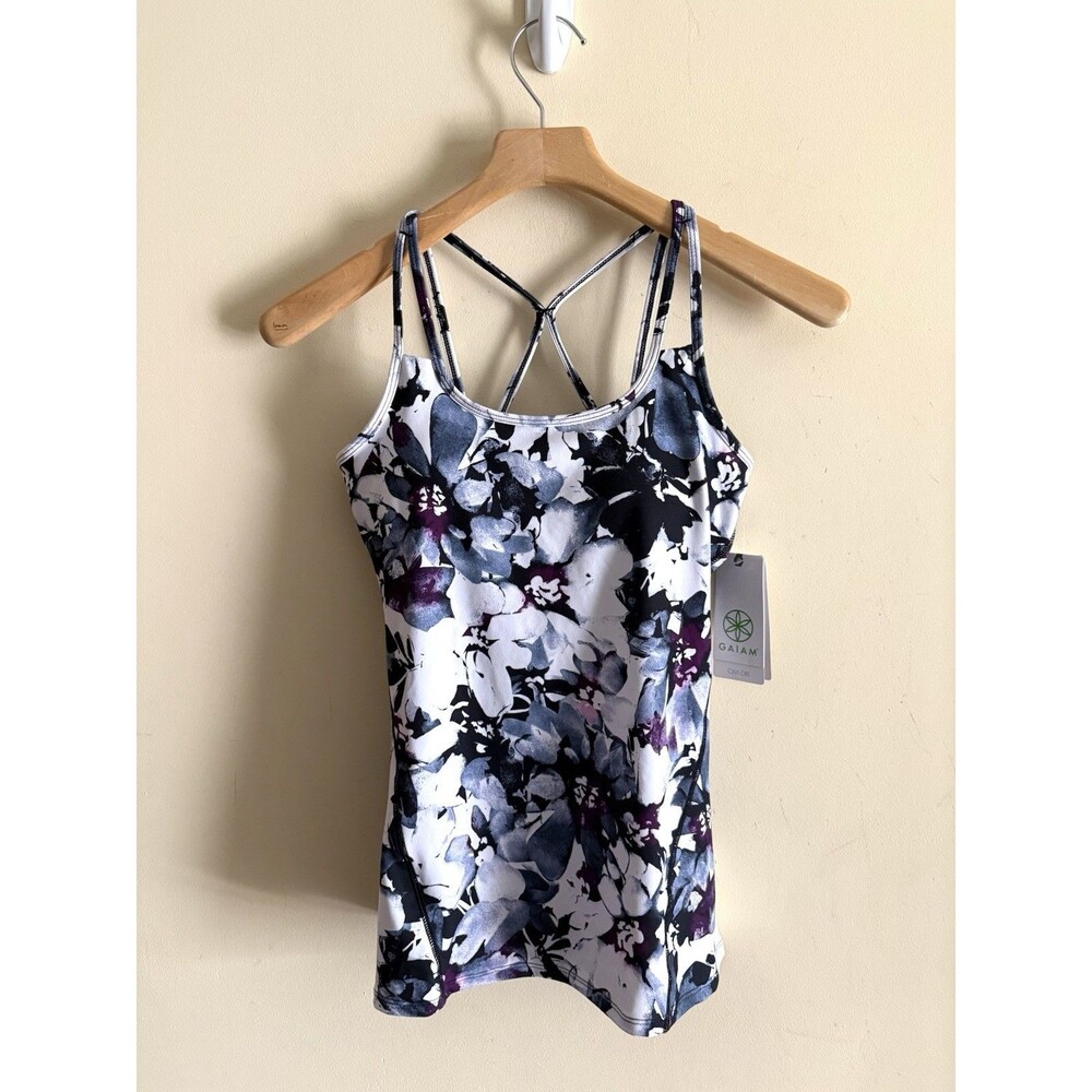 GAIAM ~Purple Floral Yoga Top Built in Bra with Strap Sleeves Xs Nwt